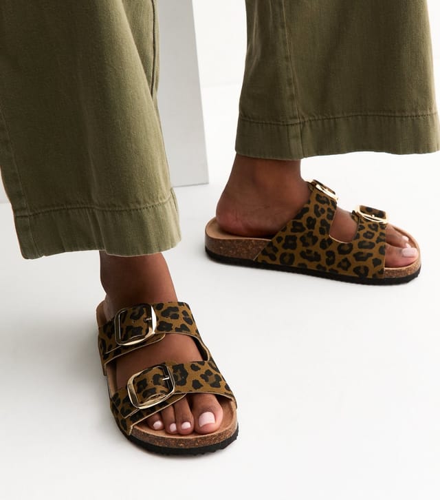 New Look Women's Extra Wide Fit Brown Leopard Print Cork Sole Double Strap Mule Sandals Vegan New Look - 2