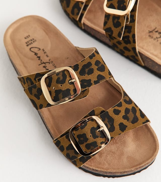 New Look Women's Extra Wide Fit Brown Leopard Print Cork Sole Double Strap Mule Sandals Vegan New Look - 3