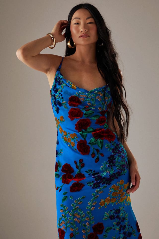 Warehouse Warehouse Women's Petite Premium Burnout Cowl Neck Strappy Festival Midi Slip Dress in Blue - 2