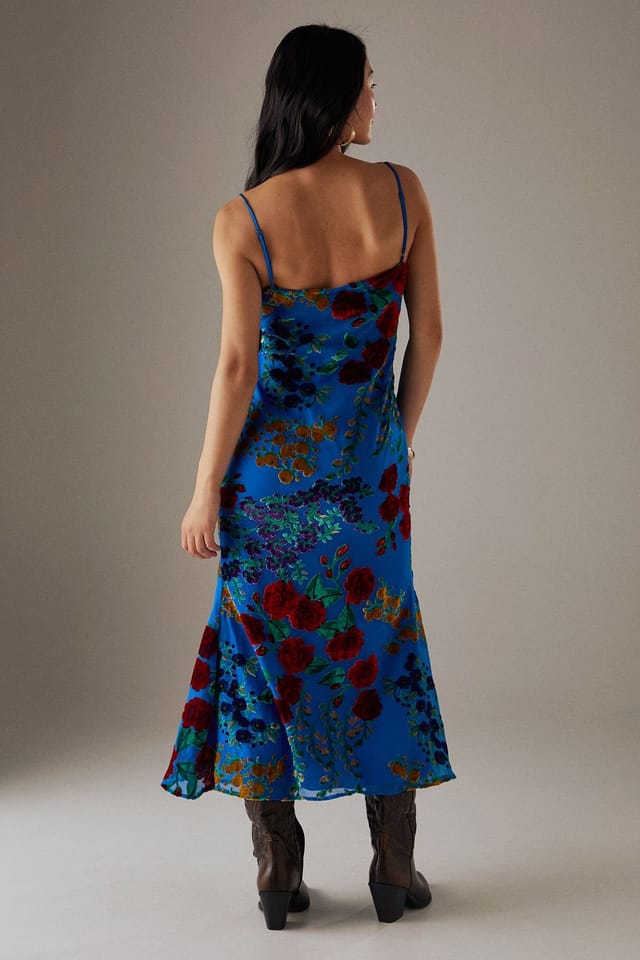 Warehouse Warehouse Women's Petite Premium Burnout Cowl Neck Strappy Festival Midi Slip Dress in Blue - 3