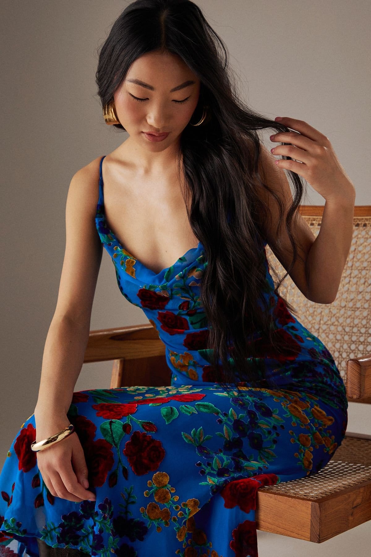 Warehouse Warehouse Women's Petite Premium Burnout Cowl Neck Strappy Festival Midi Slip Dress in Blue - 4