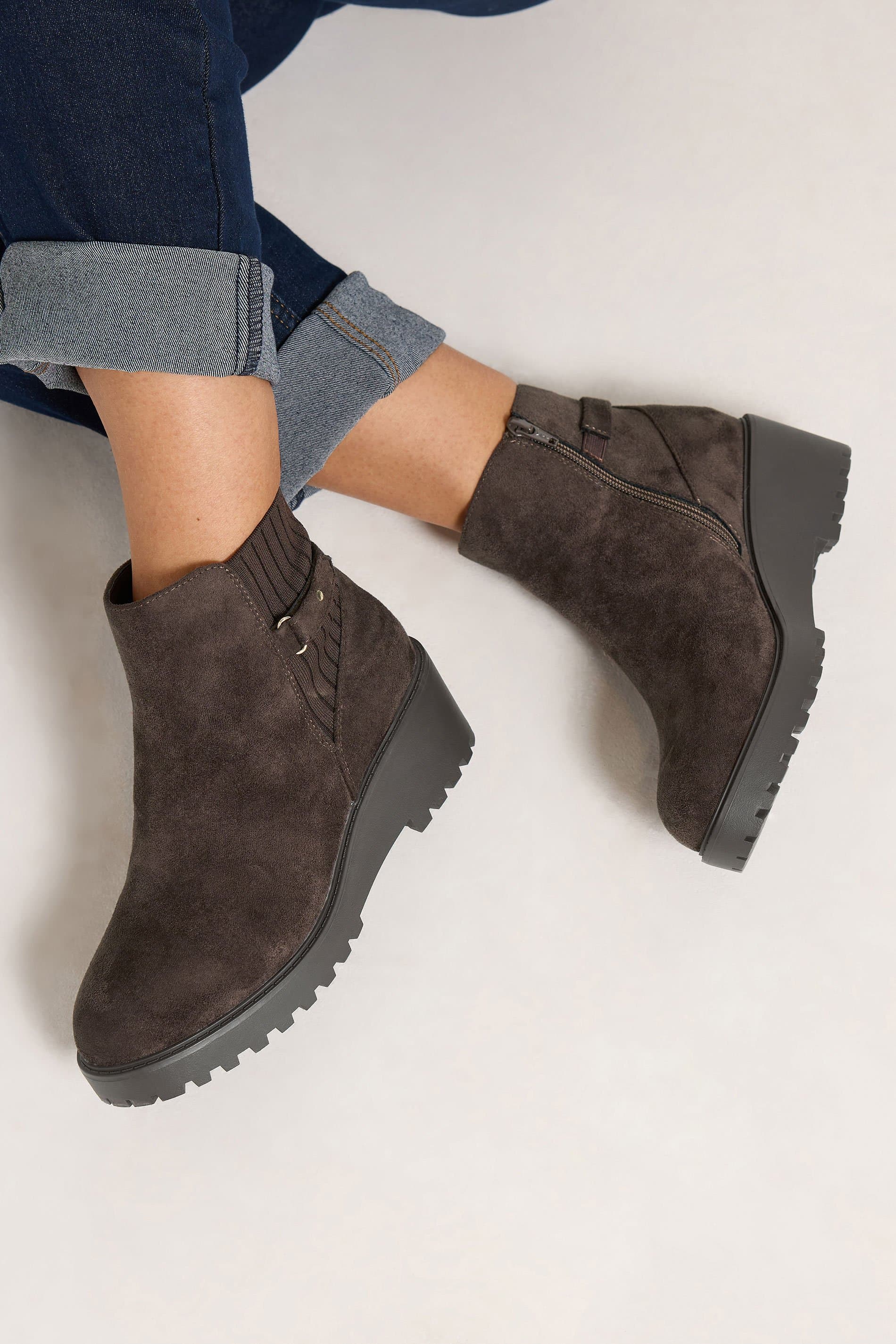 Yours Brown Buckle Detail Wedge Heel Boots In Extra Wide Eee Fit