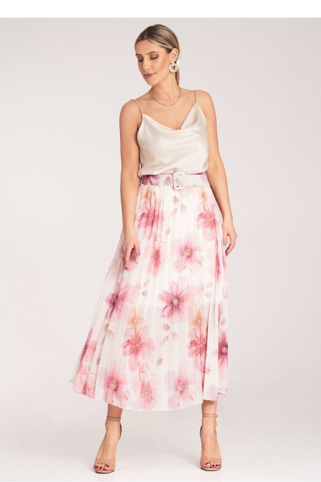 Love Lace Love Lace Pink Floral Pleated Midi Skirt with High Waist Belt