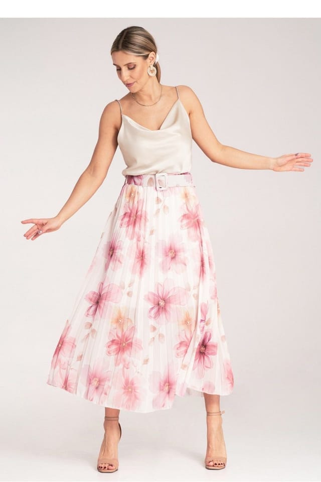 Love Lace Love Lace Women's Floral Pleated Midi Skirt with High Waist Belt in Pink - 2