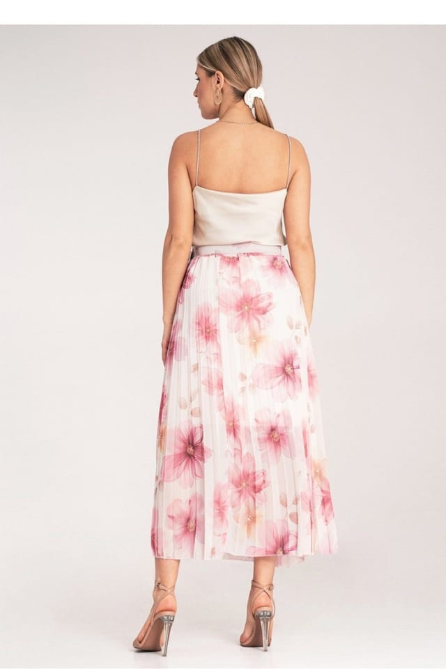Love Lace Love Lace Women's Floral Pleated Midi Skirt with High Waist Belt in Pink - 3