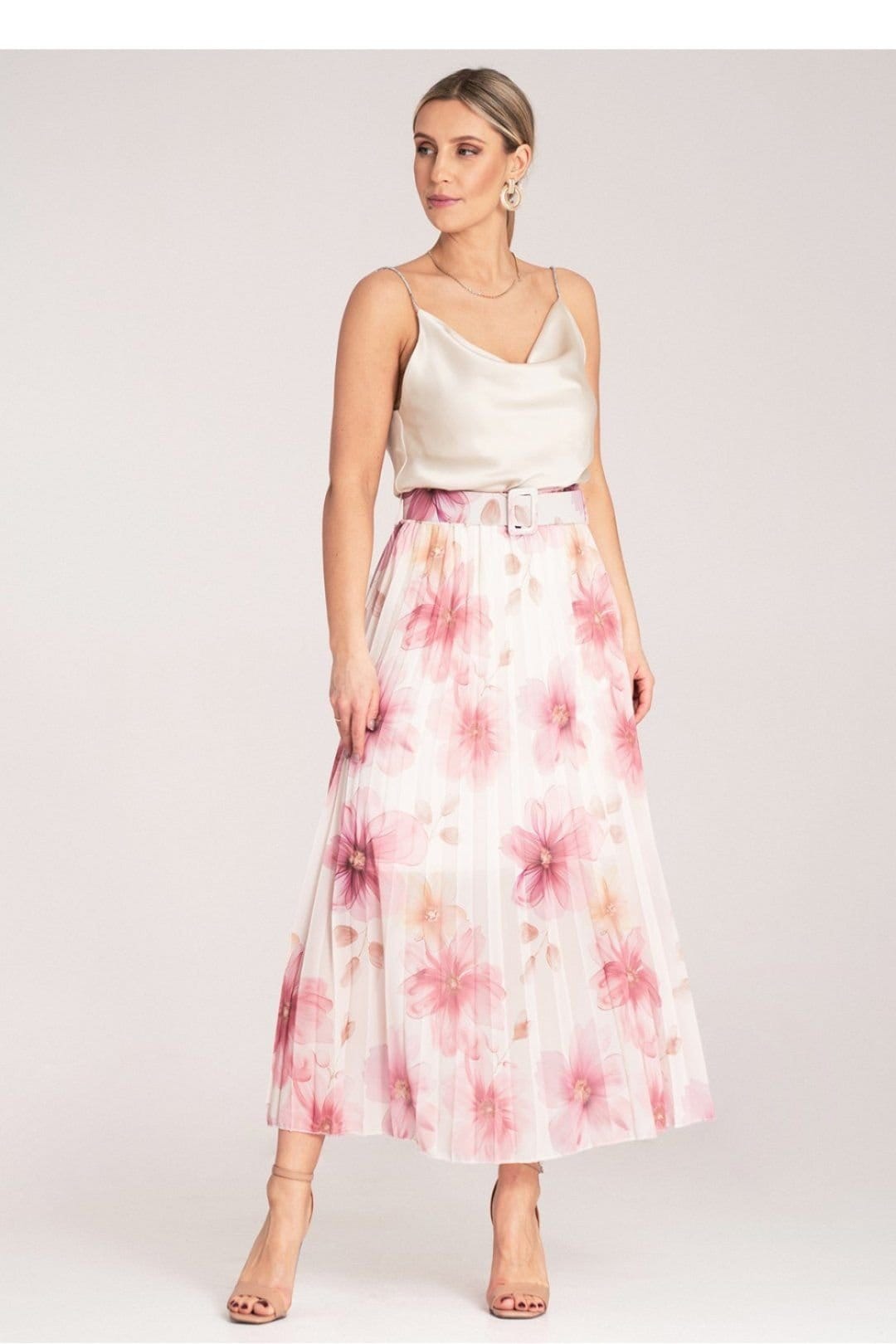 Love Lace Love Lace Women's Floral Pleated Midi Skirt with High Waist Belt in Pink - 4