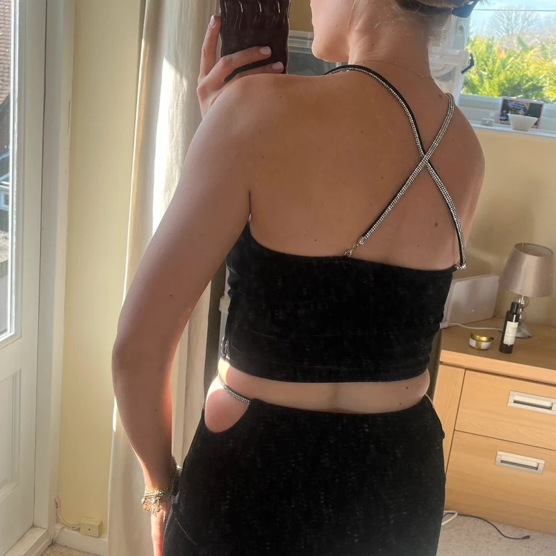 ASOS Asos black velvet embellished halter top and maxi skirt co ord set with cut out size 8 - 1