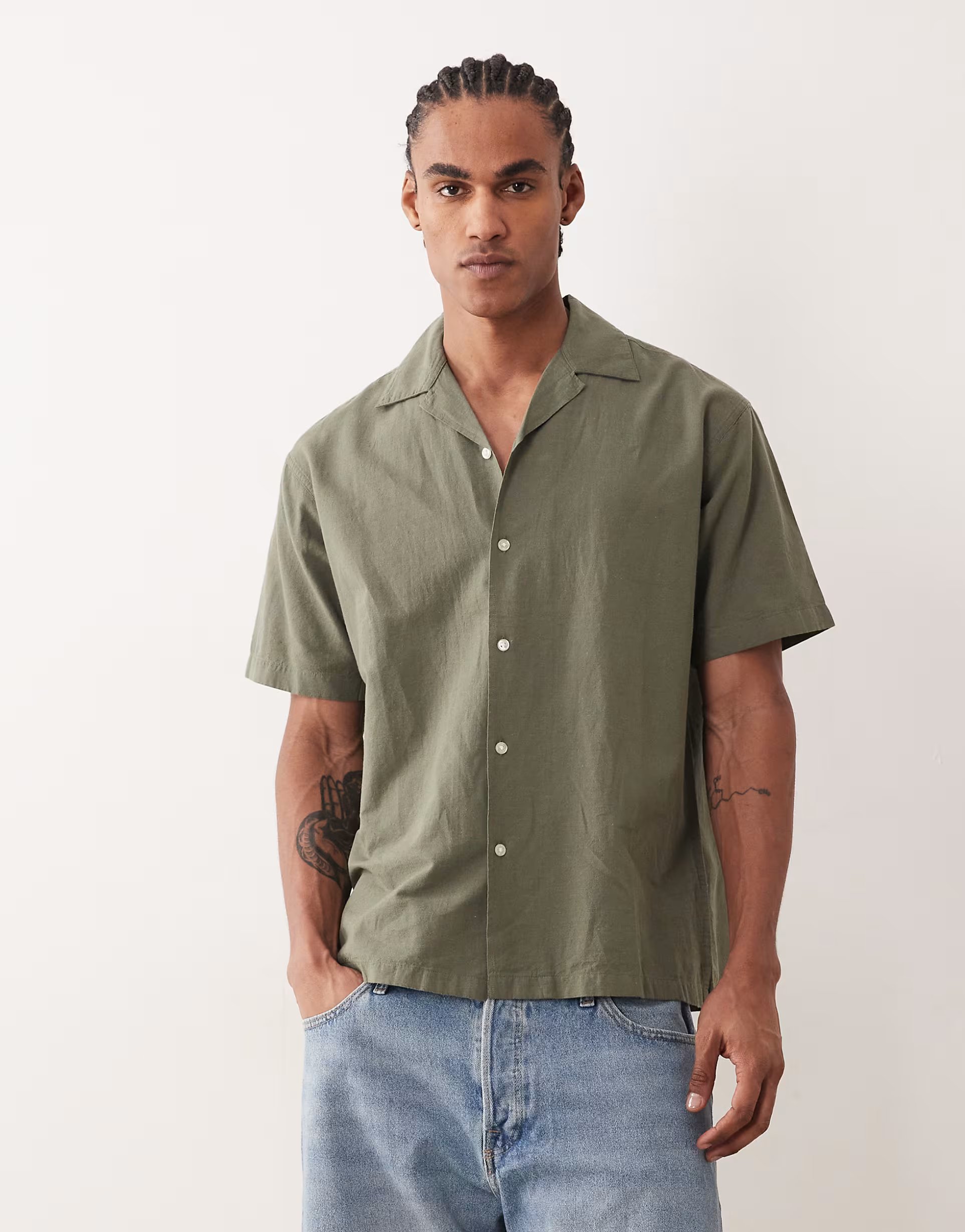 ASOS Jack & Jones short sleeve linen blend shirt in dark green - 1