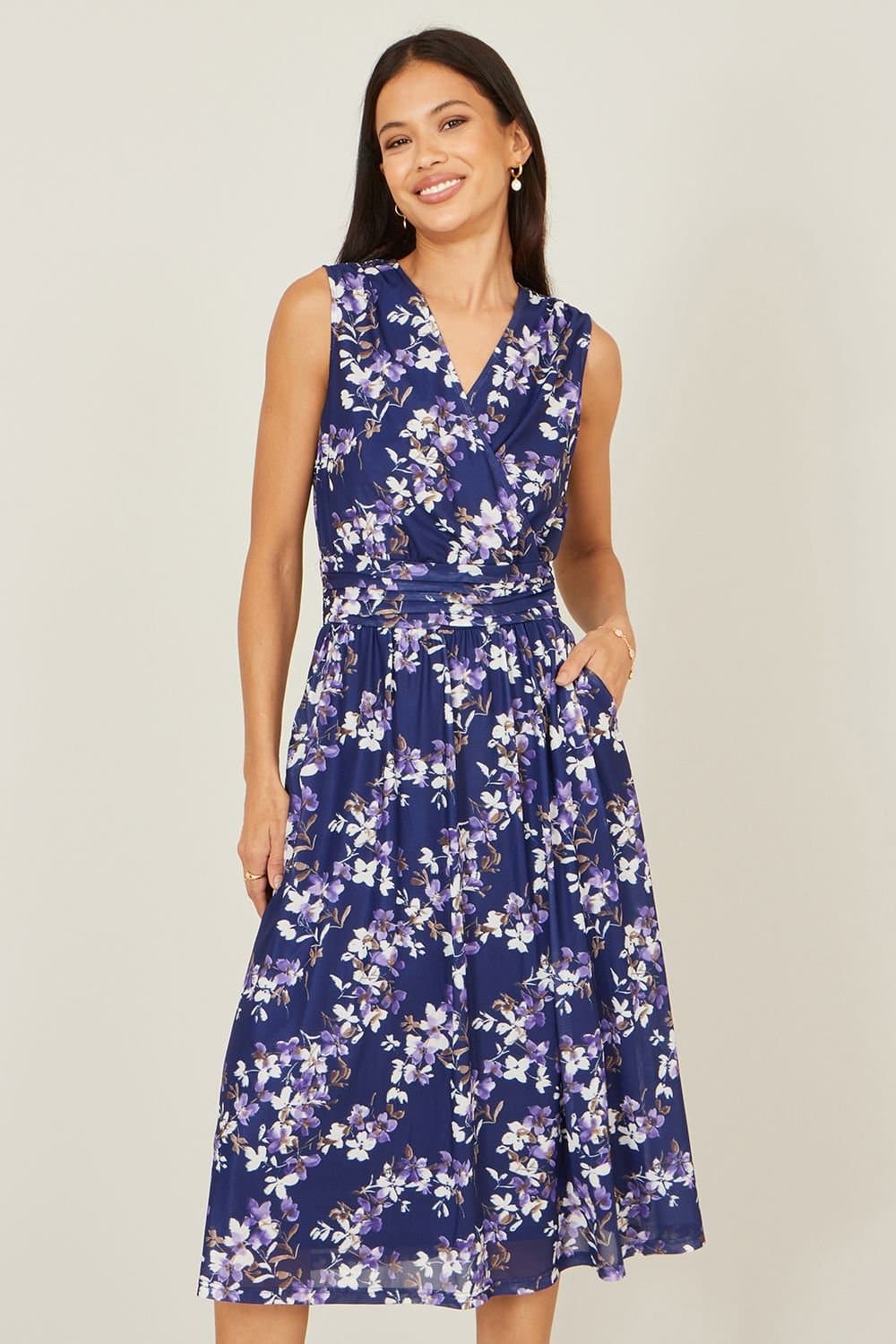 Yumi Yumi Women's Navy Blossom Print Mesh Stretch Midi Dress With Pockets