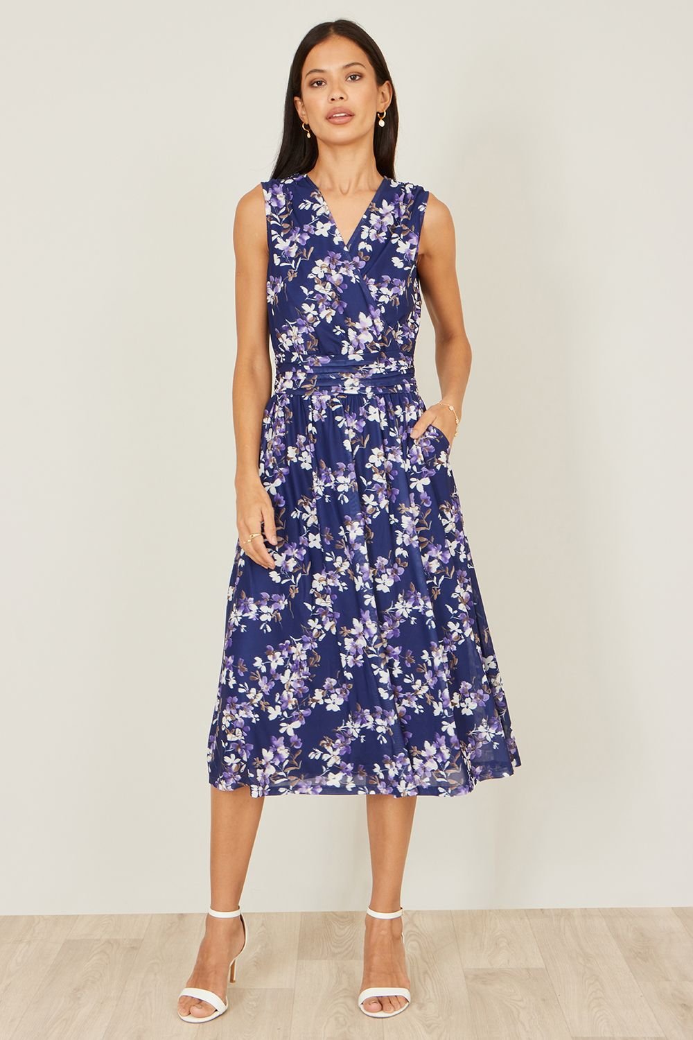 Yumi Yumi Women's Navy Blossom Print Mesh Stretch Midi Dress With Pockets - 2
