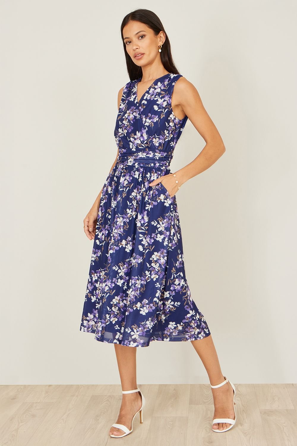 Yumi Yumi Women's Navy Blossom Print Mesh Stretch Midi Dress With Pockets - 3