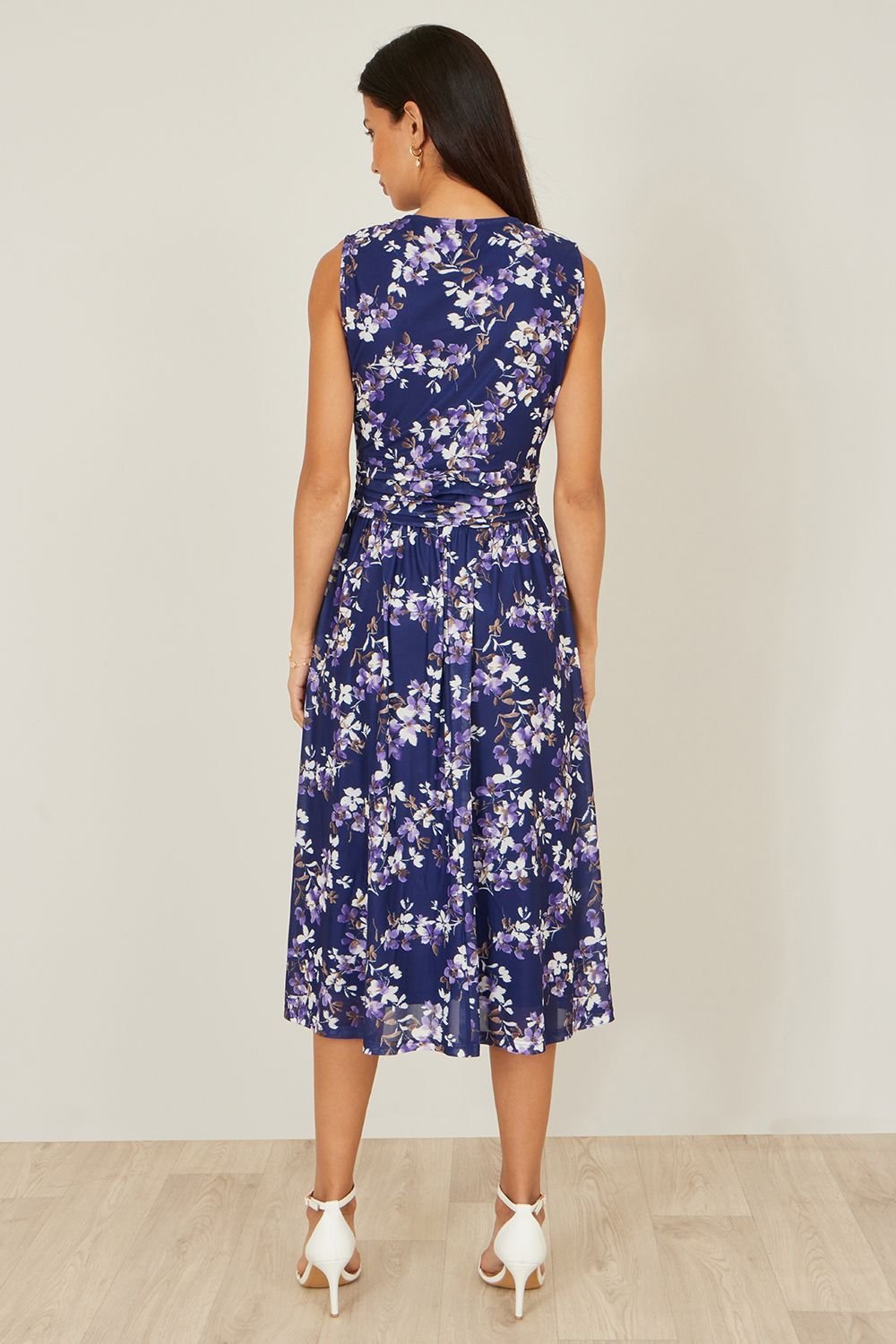 Yumi Yumi Women's Navy Blossom Print Mesh Stretch Midi Dress With Pockets - 4