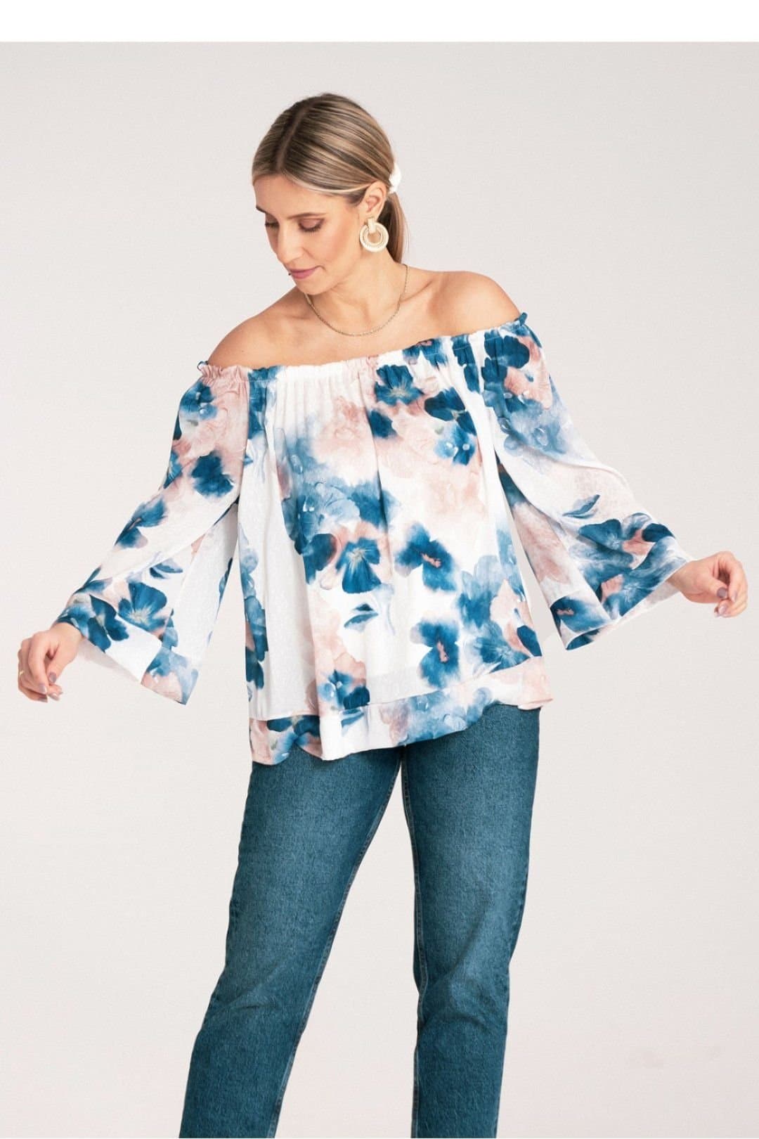 Love Lace Love Lace Women's Wide Neck Spanish Viscose Blouse with Cuff in Blue