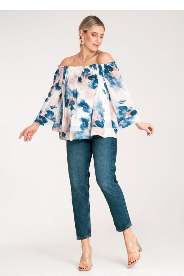 Love Lace Love Lace Women's Wide Neck Spanish Viscose Blouse with Cuff in Blue - 2