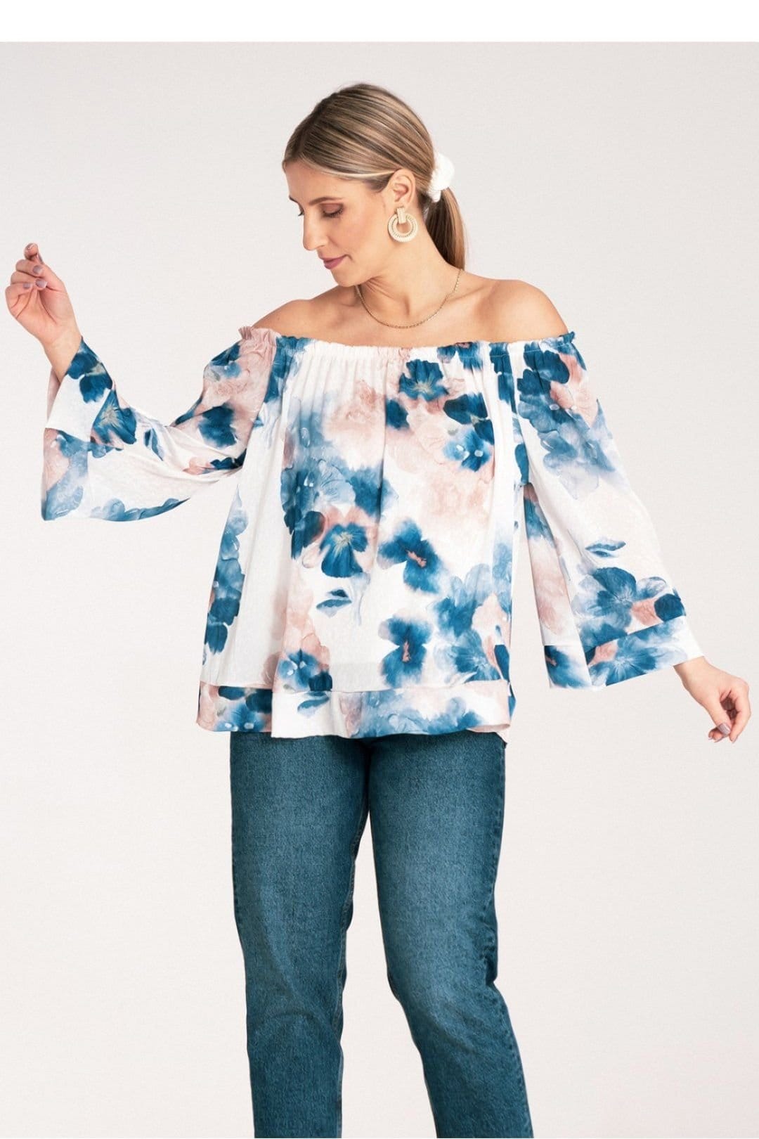 Love Lace Love Lace Women's Wide Neck Spanish Viscose Blouse with Cuff in Blue - 4