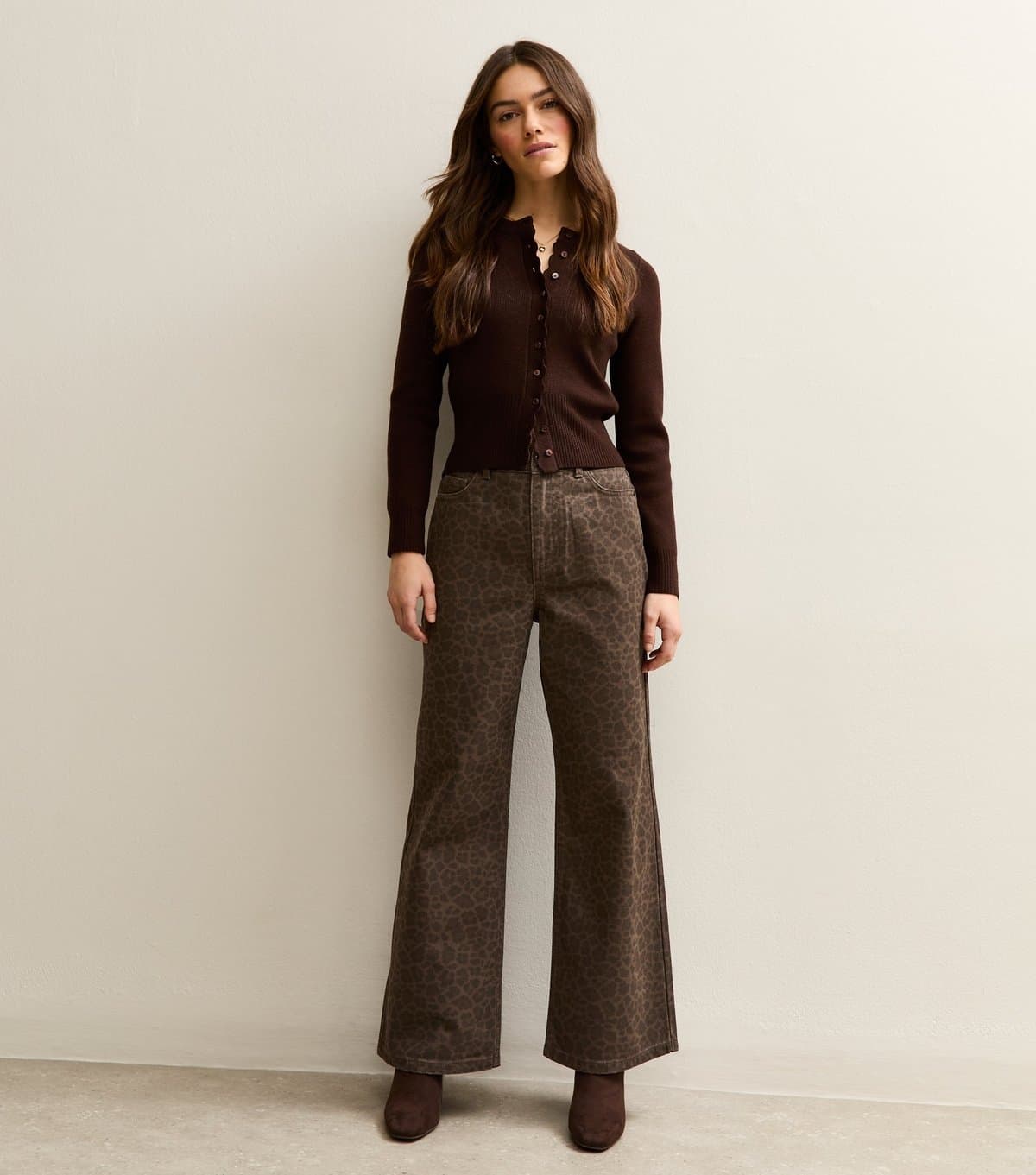 New Look Women's Petite Brown Leopard Print Wide Leg Jeans New Look