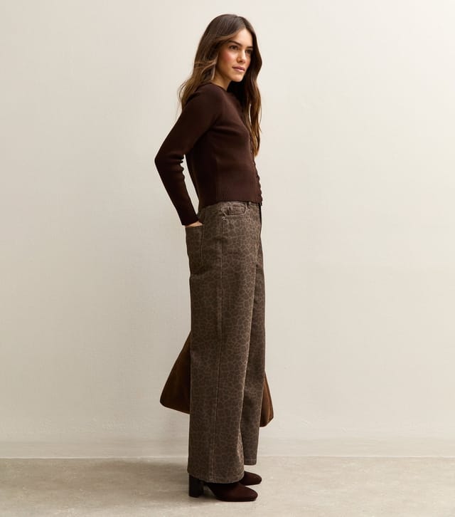 New Look Women's Petite Brown Leopard Print Wide Leg Jeans New Look - 3