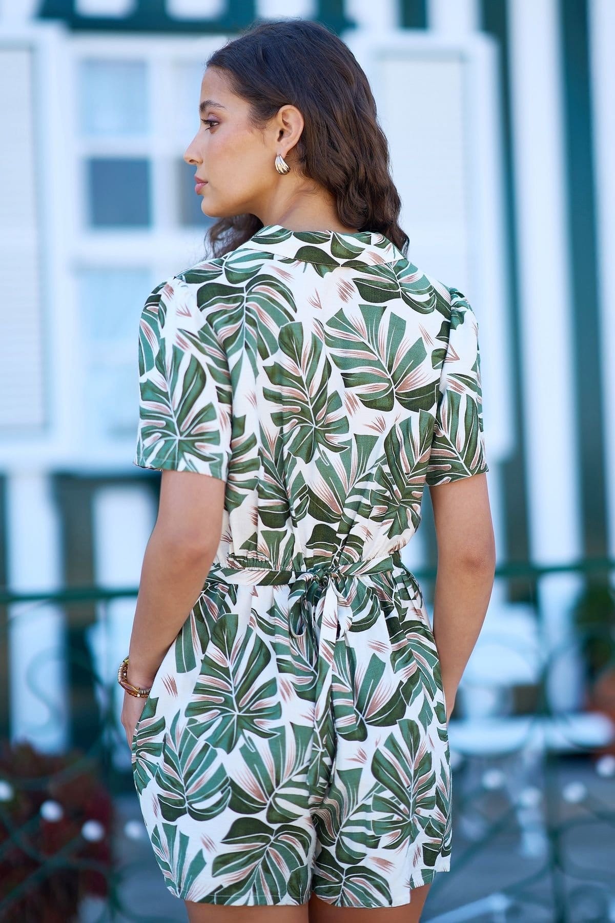 Yumi Yumi Women's Green Viscose Leaf Print Retro Playsuit - 4