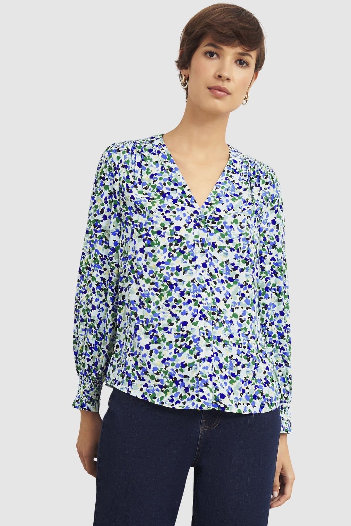 Hobbs London Hobbs London Mid Blue Printed V-Neck Blouse
