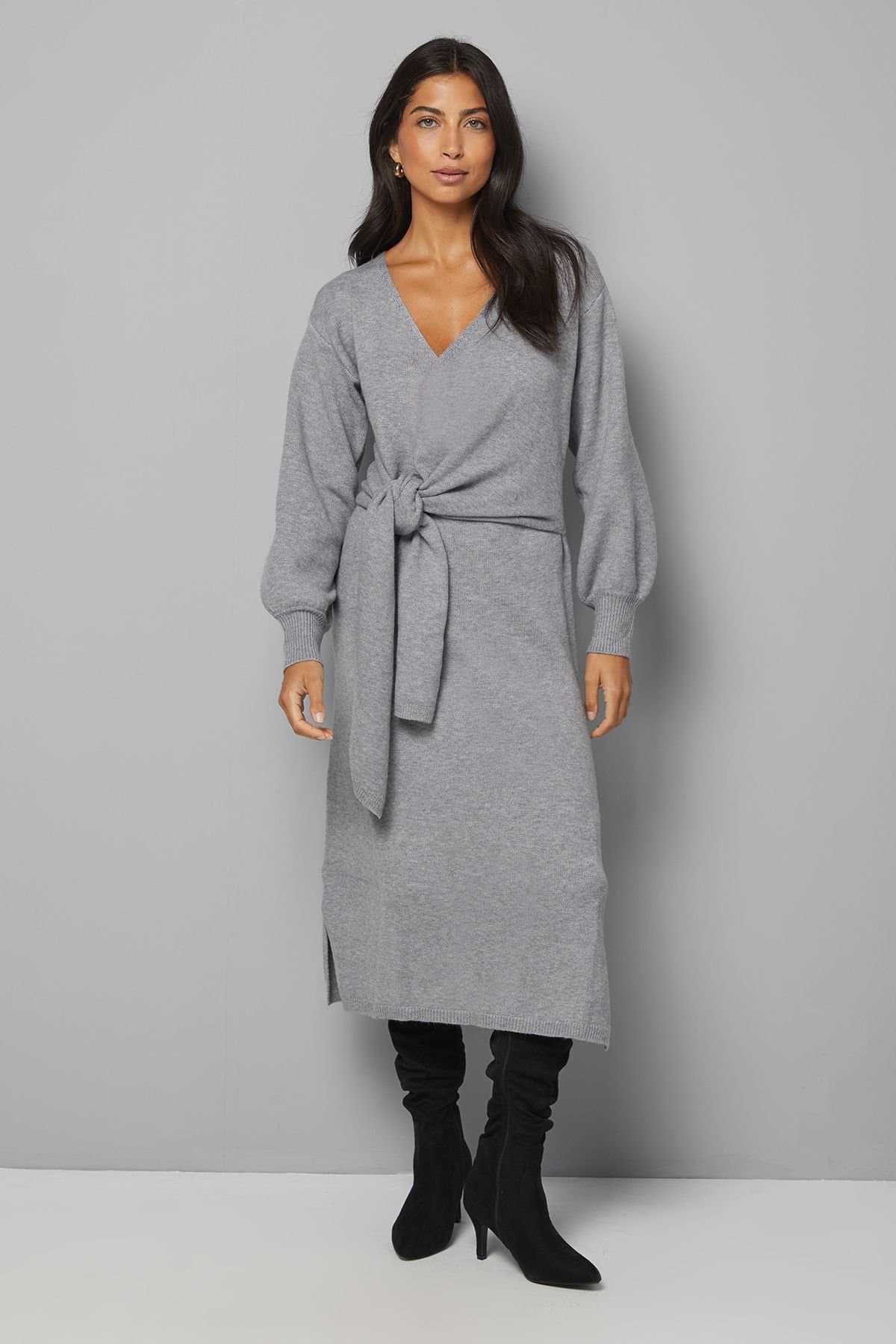 Wallis Wallis Women's Slouchy Wrap Knitted Midi Dress in Grey Marl