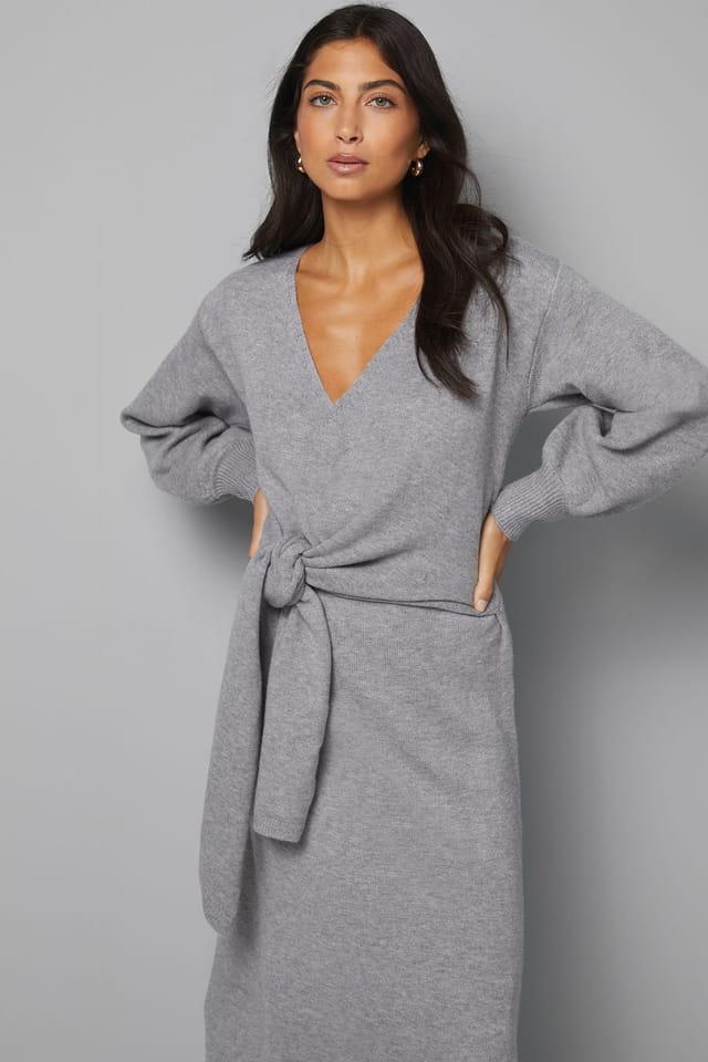 Wallis Wallis Women's Slouchy Wrap Knitted Midi Dress in Grey Marl - 2