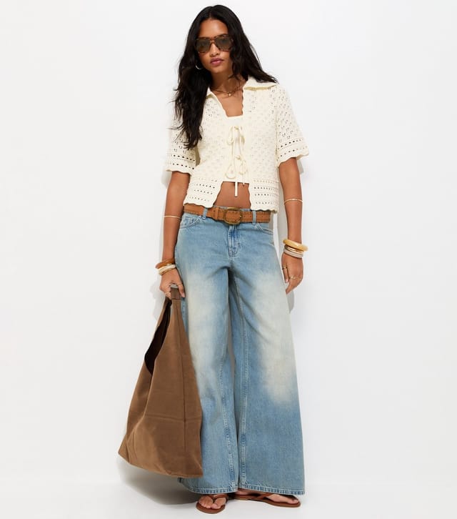 New Look Women's Cream Pointelle Tie Front Collared Top New Look - 3