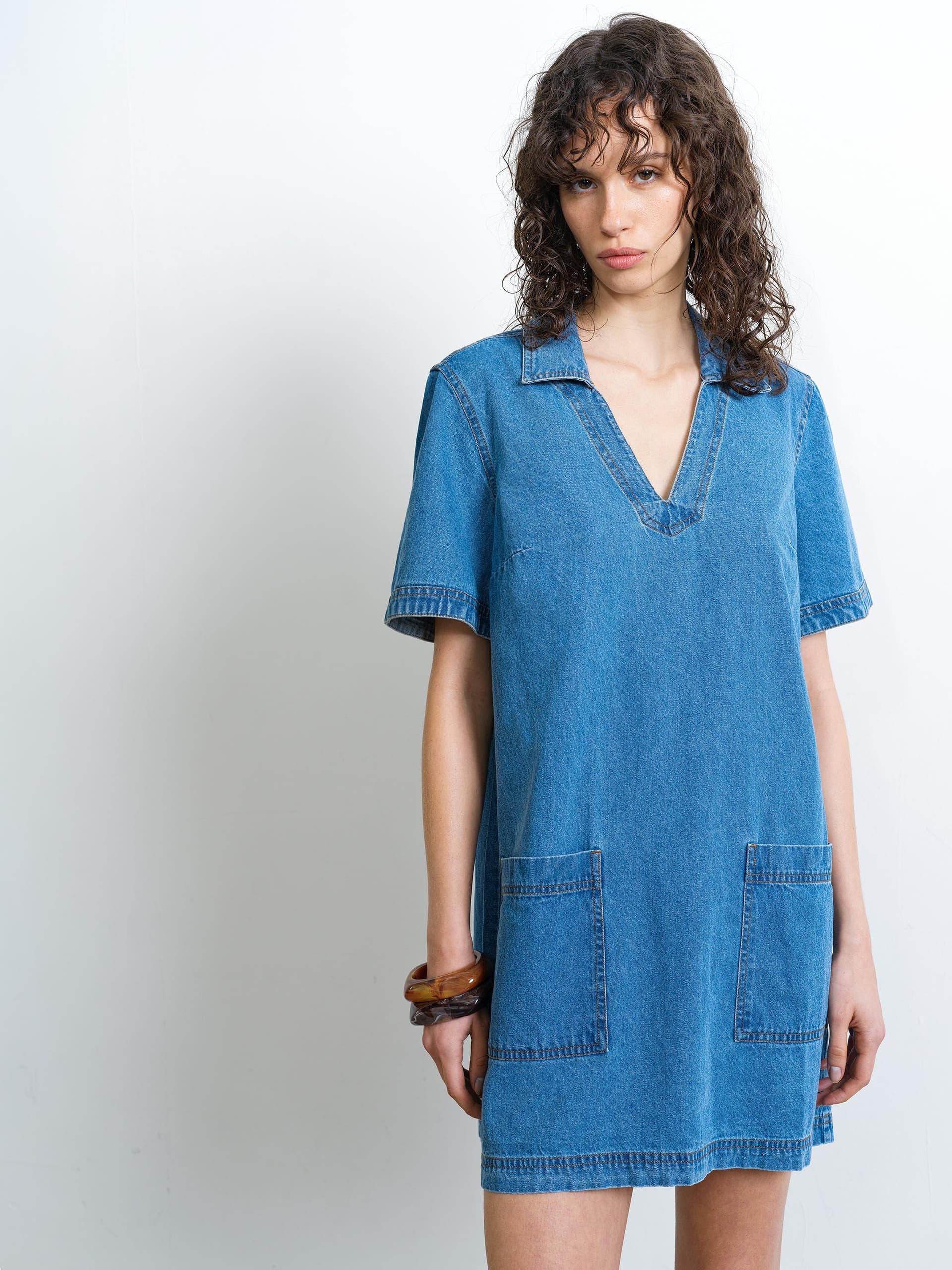 French Connection Archie Blue Denim Patch Pocket Short Sleeve Mini Dress Clean Blue