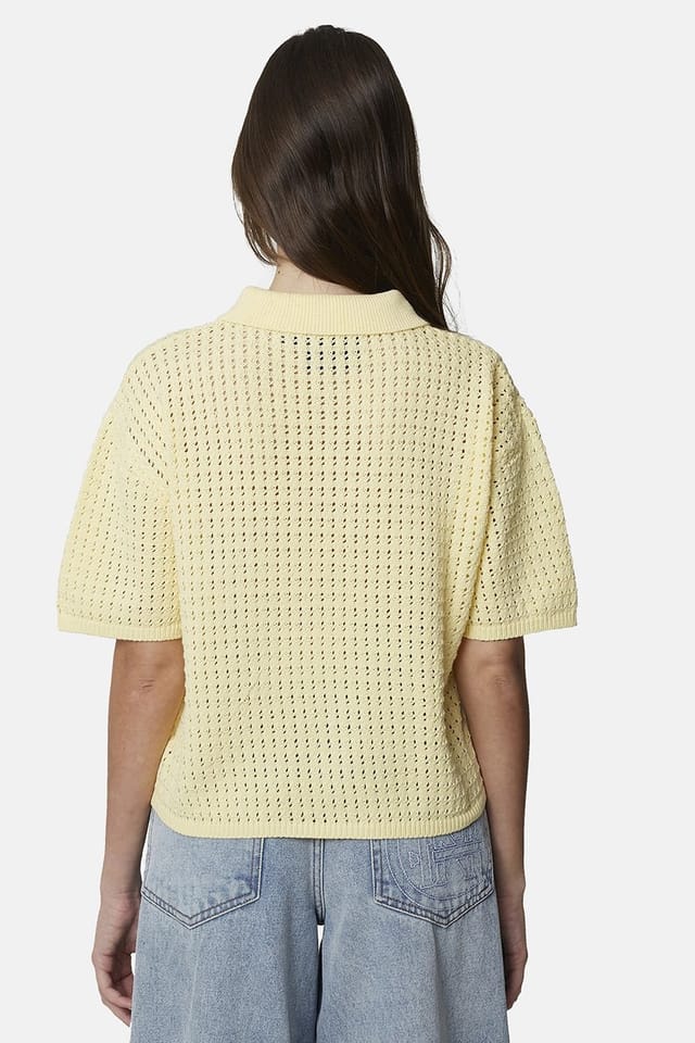 Good For Nothing Good For Nothing Women's Cropped Pointelle Knit Polo Shirt in Yellow - 2