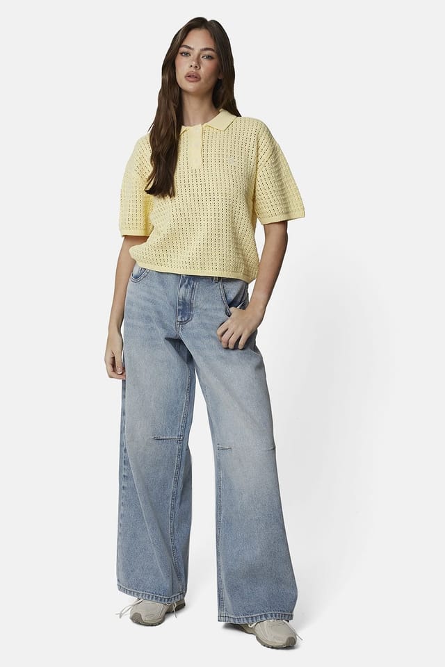 Good For Nothing Good For Nothing Women's Cropped Pointelle Knit Polo Shirt in Yellow - 3