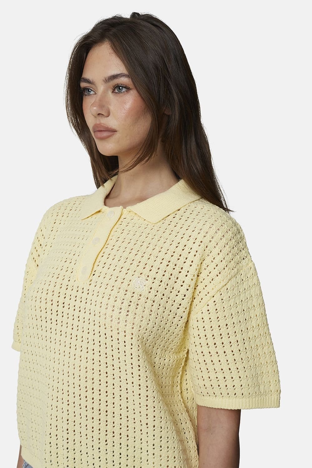 Good For Nothing Good For Nothing Women's Cropped Pointelle Knit Polo Shirt in Yellow - 4