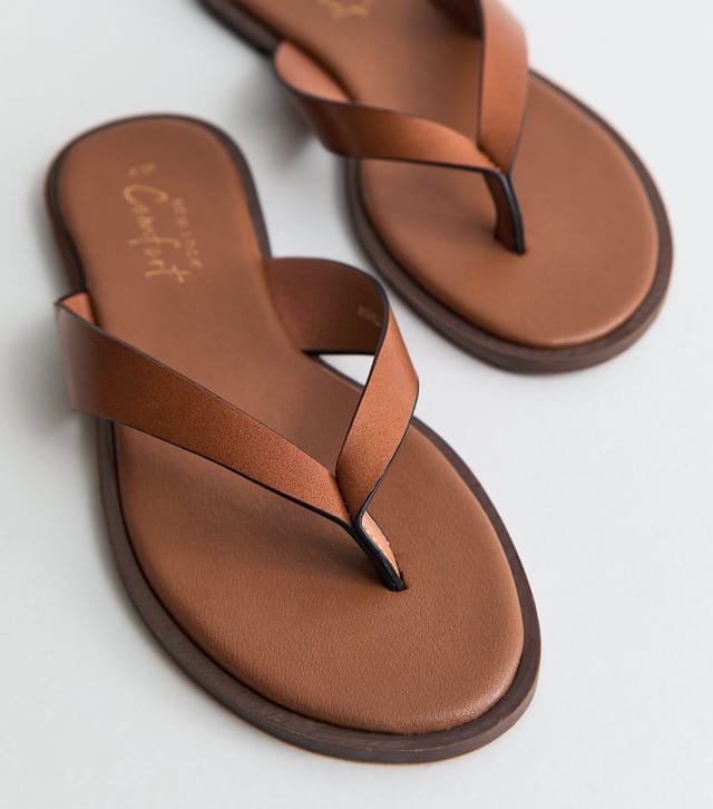 New Look Women's Tan Faux Leather Toe Post Sandals Vegan New Look - 3