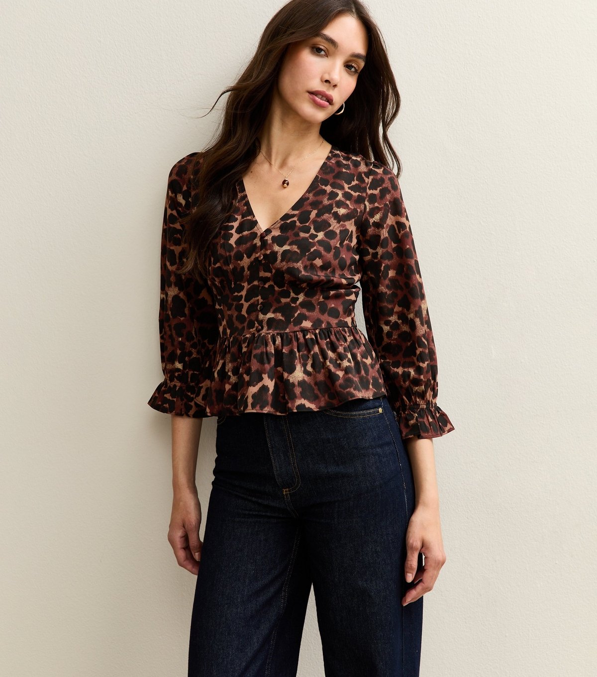 New Look Women's Brown Animal Print Cropped Sleeve Top New Look - 2