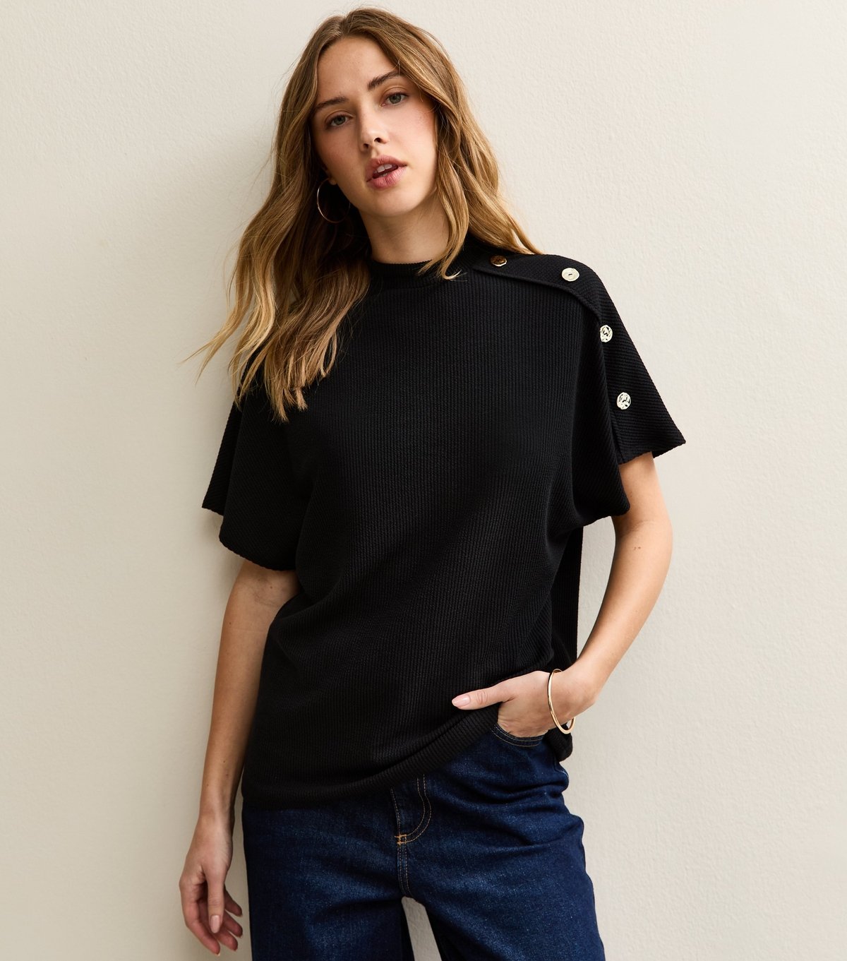 New Look Women's Black Faux Button Batwing Textured Short Sleeve Top New Look - 2