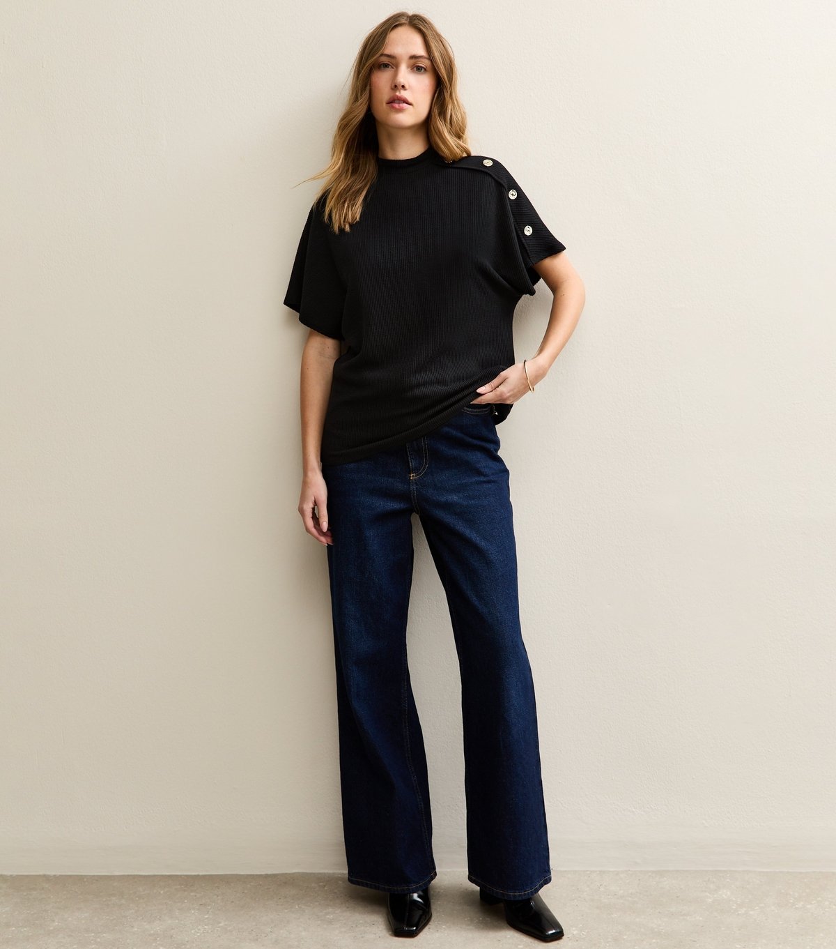 New Look Women's Black Faux Button Batwing Textured Short Sleeve Top New Look - 3