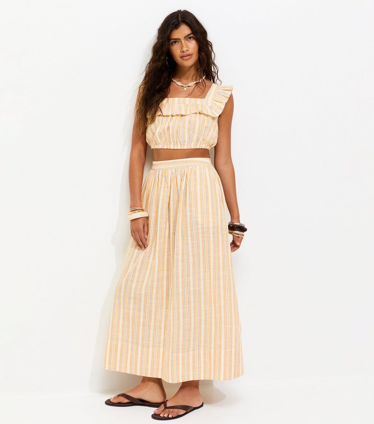 New Look Women's Yellow Cotton Poplin Striped Circle Midi Skirt New Look - 1
