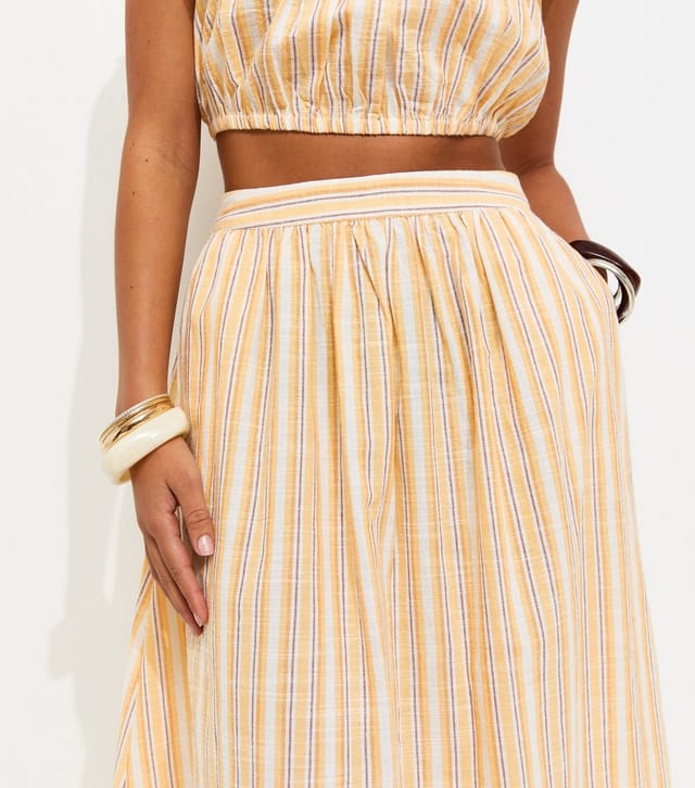 New Look Women's Yellow Cotton Poplin Striped Circle Midi Skirt New Look - 2