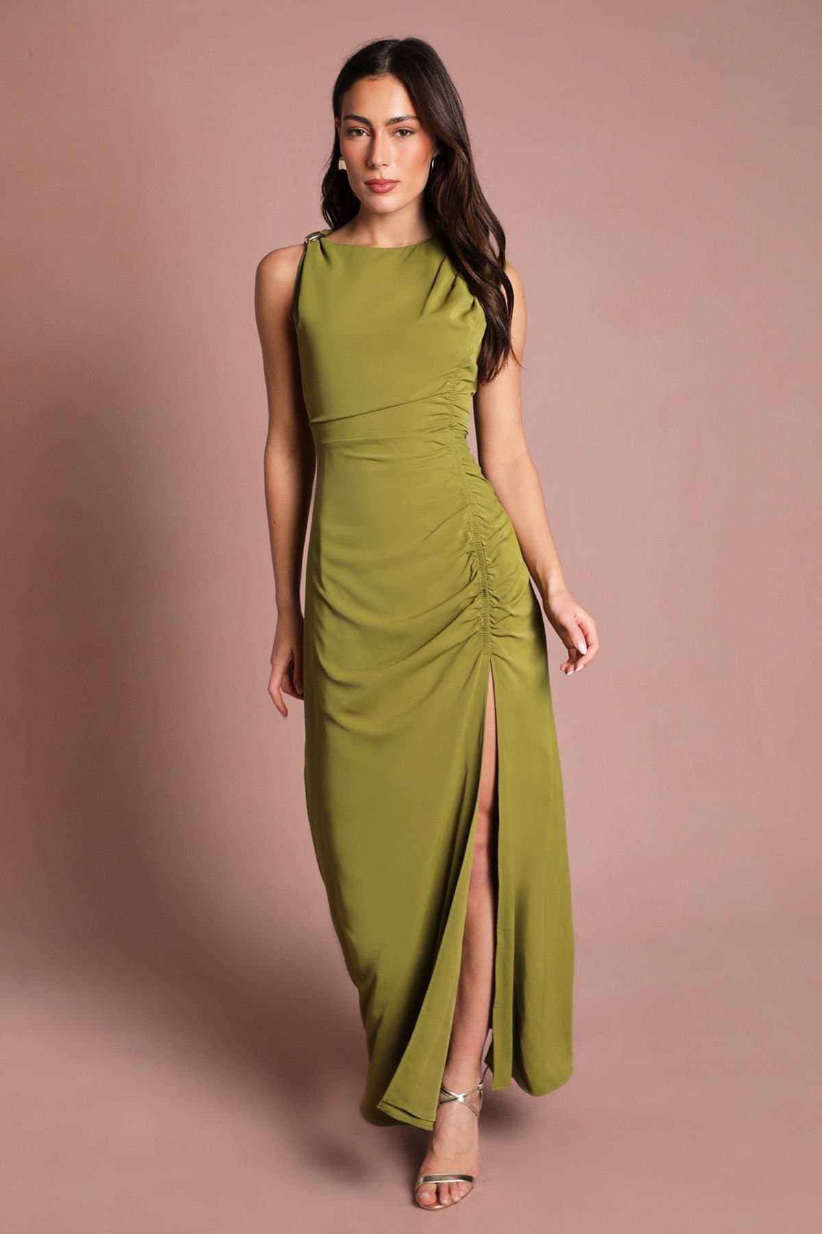 Coast Coast Women's Sleeveless Ruched Midi Dress With Buckle Detail in Olive