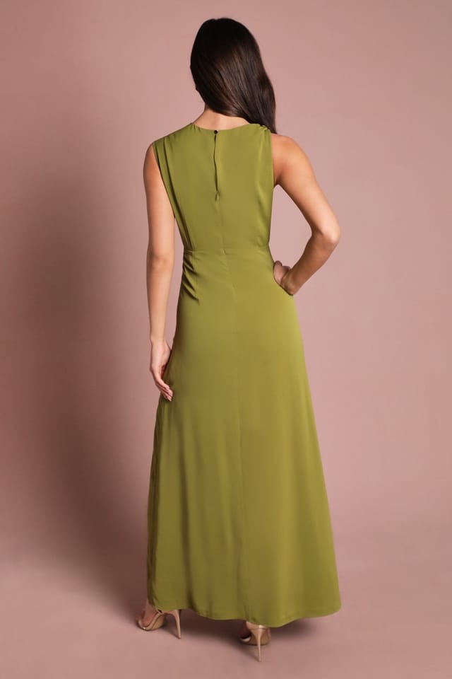 Coast Coast Women's Sleeveless Ruched Midi Dress With Buckle Detail in Olive - 3