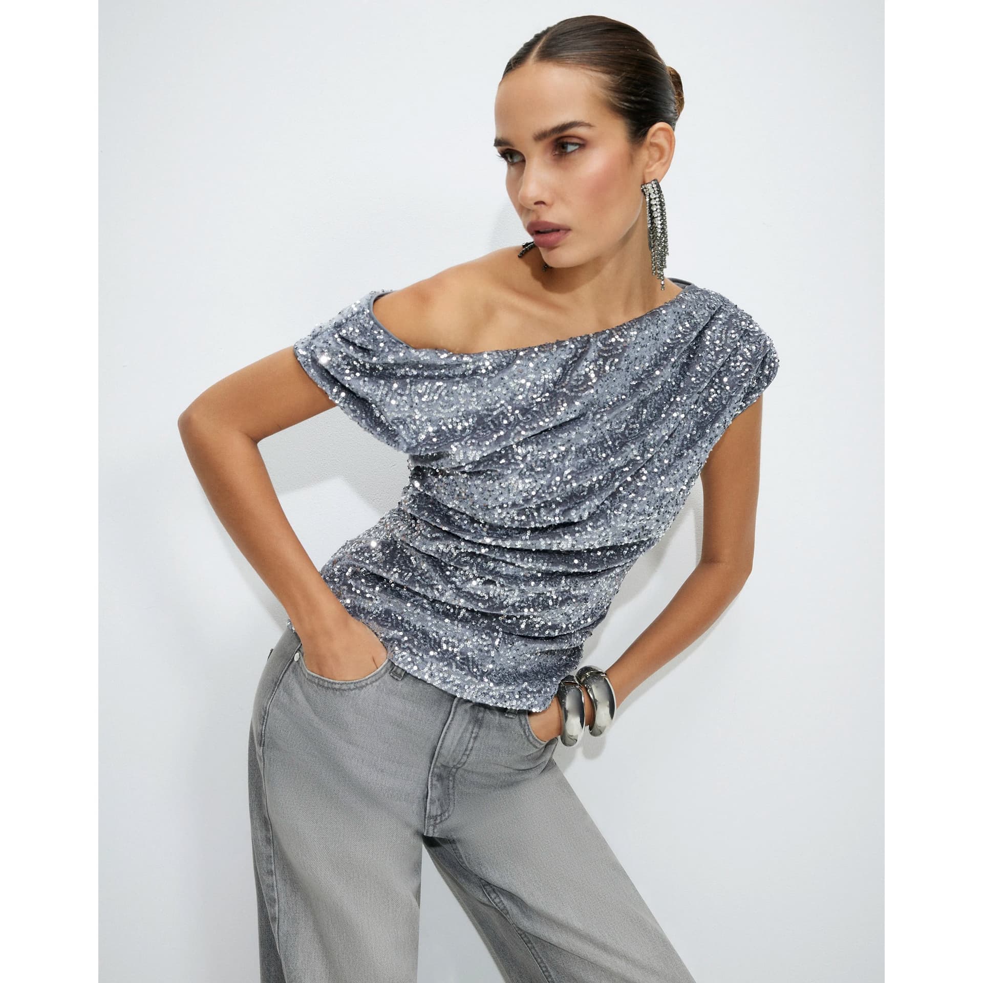 River Island River Island Womens Silver Velvet Sequin Sleeveless Drape Top