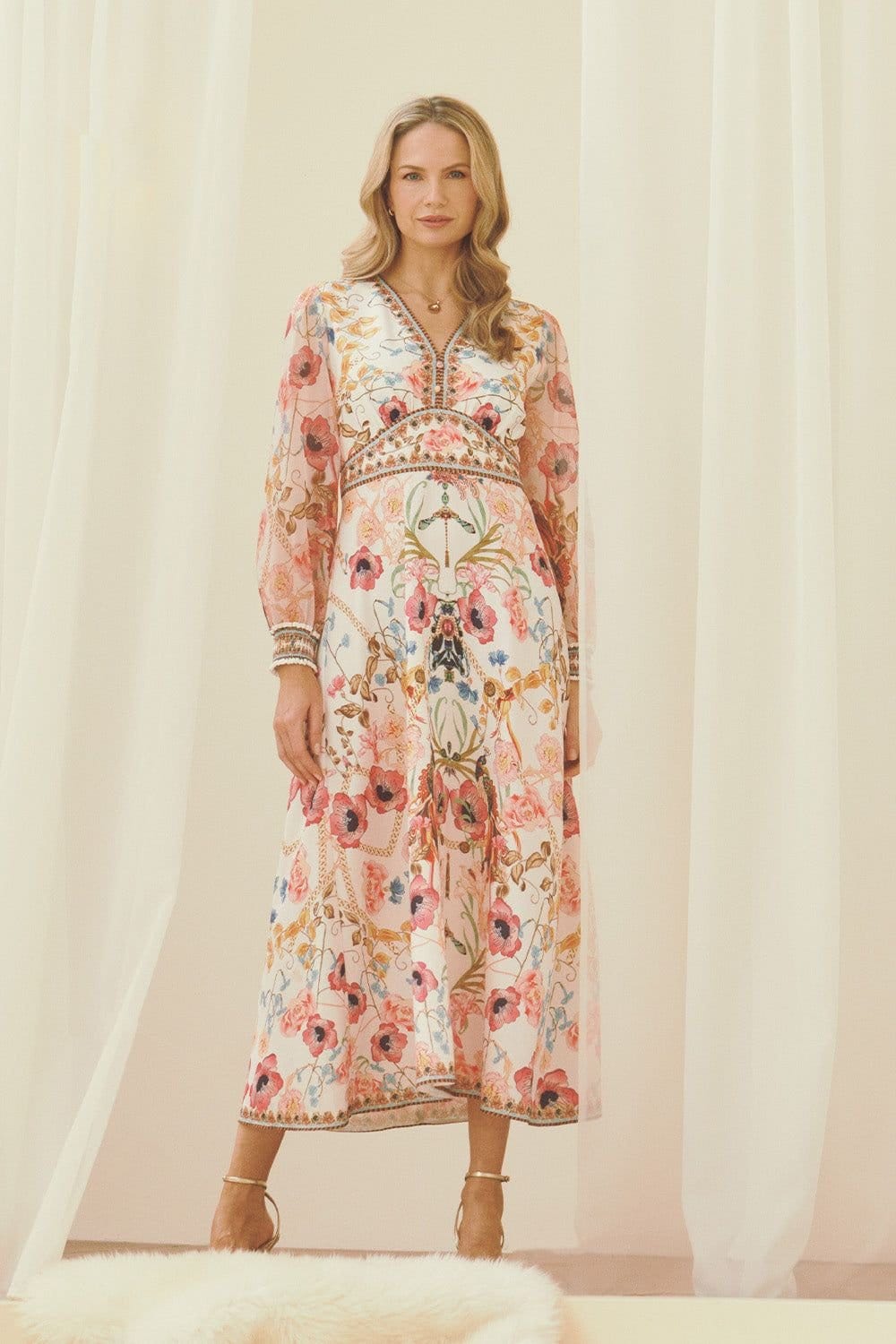 Izabel London Floral Border Print V-Neck Midi Dress