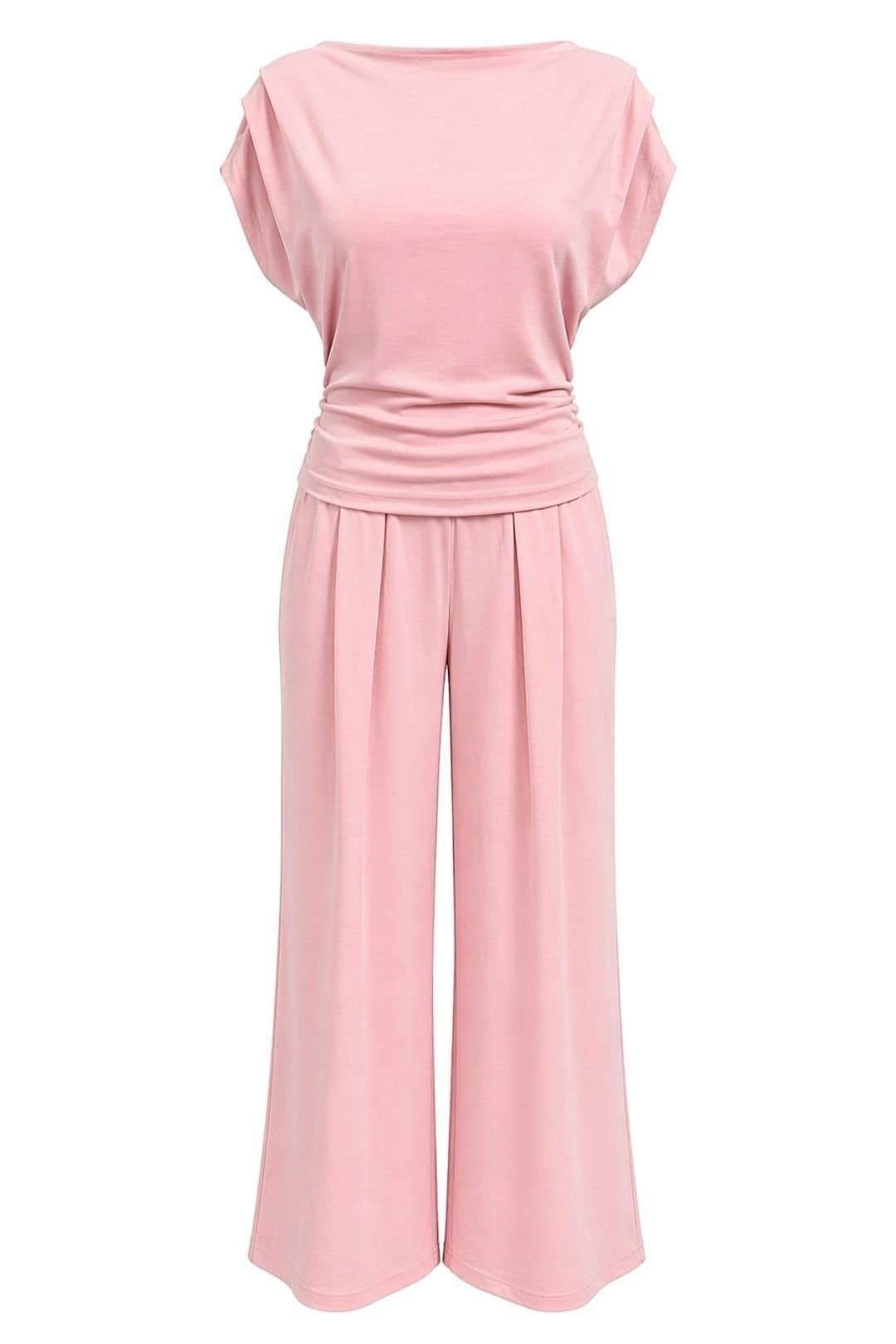 MixRay MixRay Women's High Waist Wide Leg Knit Co-Ord Set with Boat Neck in Pale Pink