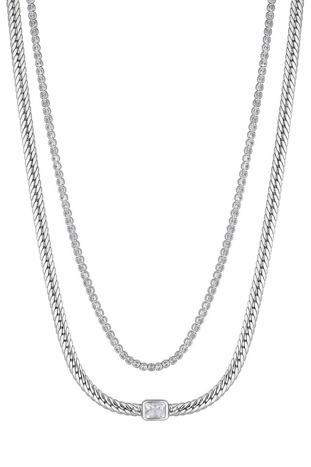 Inicio Inicio Women's Silver Plated Cobra Double Chain & Cubic Zirconia Necklace - Gift Pouch - 2