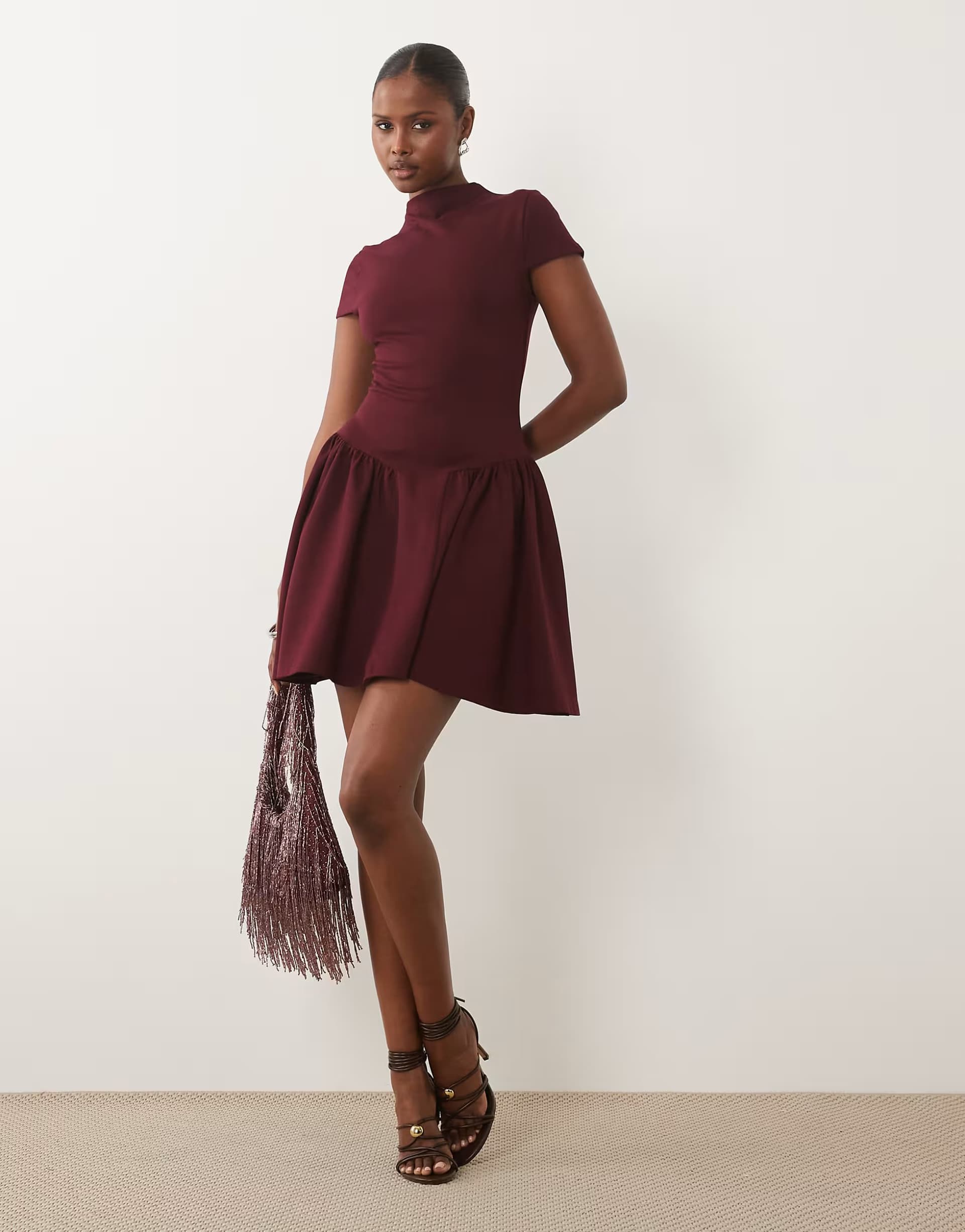 ASOS Kaiia exclusive high neck short sleeve fit and flare basque dropped waist detail mini dress in burgundy