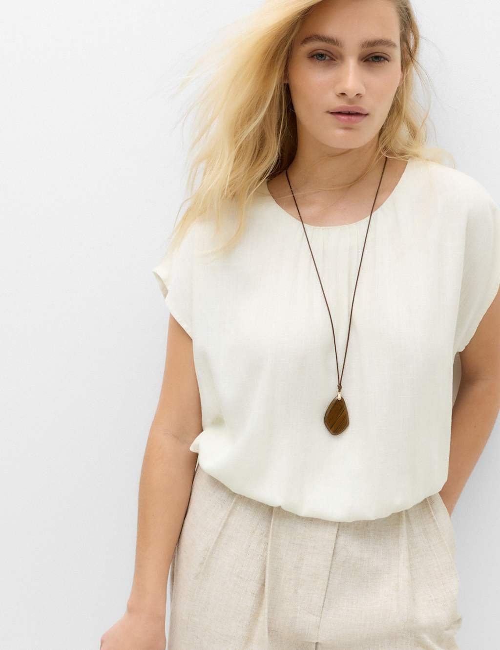Marks & Spencer M&S Gathered Hem Top With Linen White Mix
