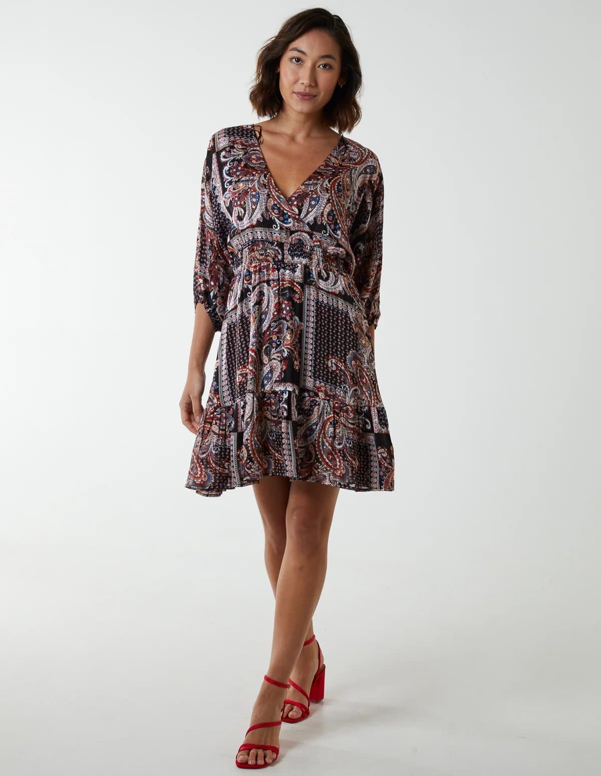 Blue Vanilla Paisley Wrap Front Pleated Kimono Sleeve Dress