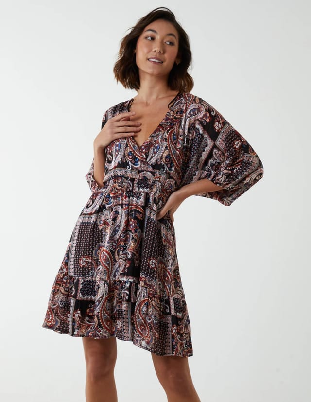 Blue Vanilla Paisley Wrap Front Pleated Kimono Sleeve Dress - 2