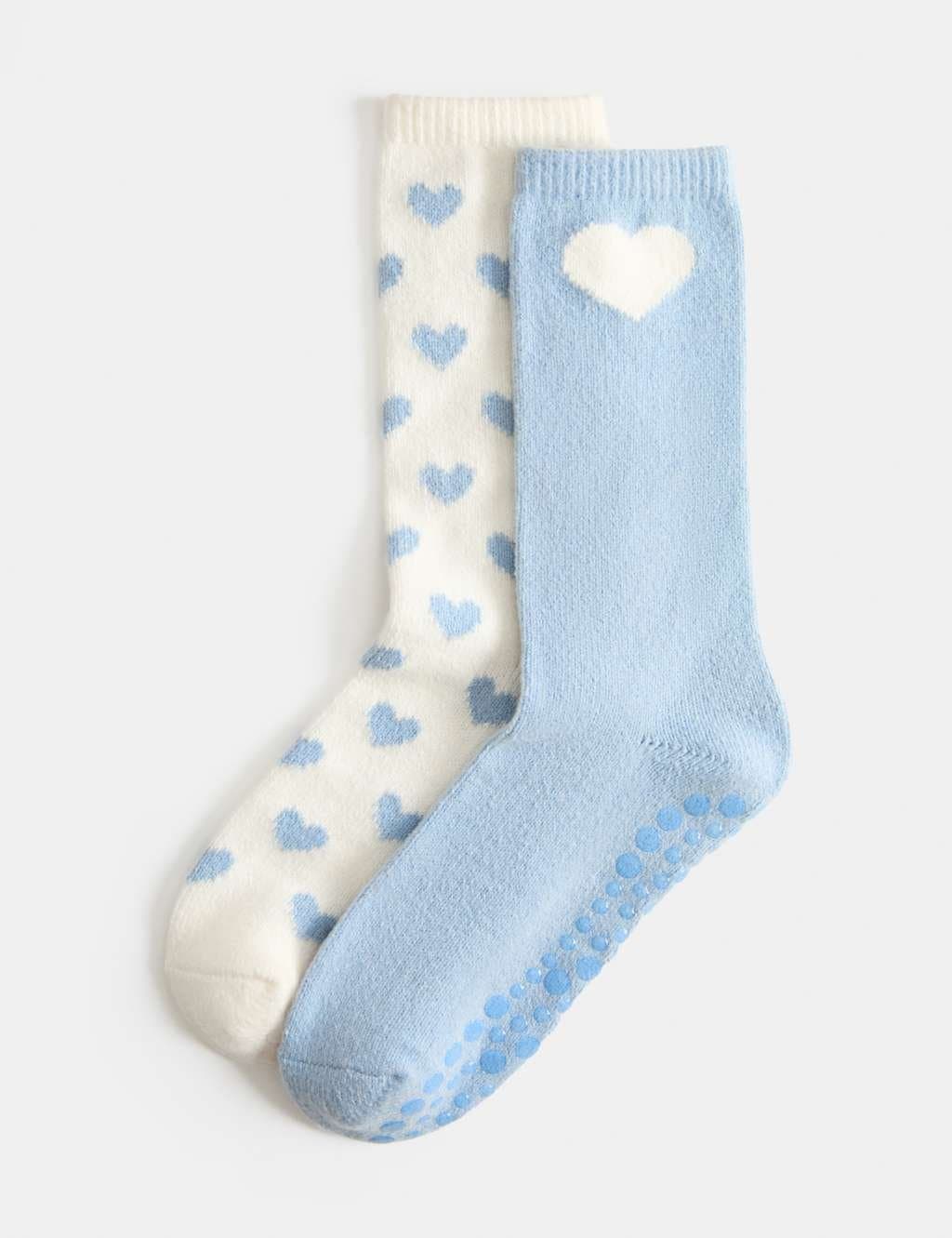 Marks & Spencer M&S 2 Pack Heart Slipper Socks Blue Mix