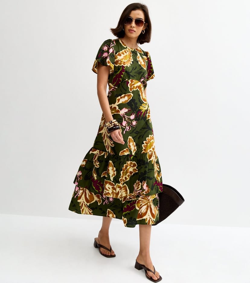 New Look Women's Green Crepe Floral Short Sleeve Tiered Midi Dress New Look - 1