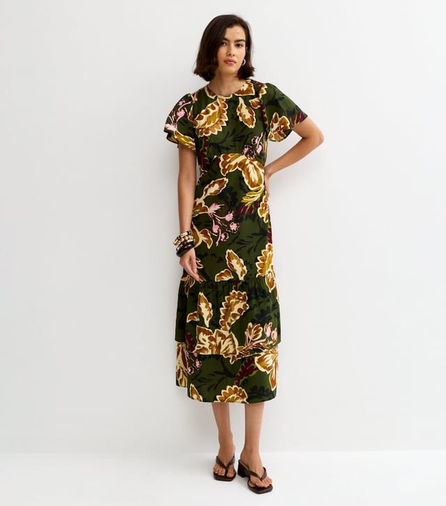 New Look Women's Green Crepe Floral Short Sleeve Tiered Midi Dress New Look - 2