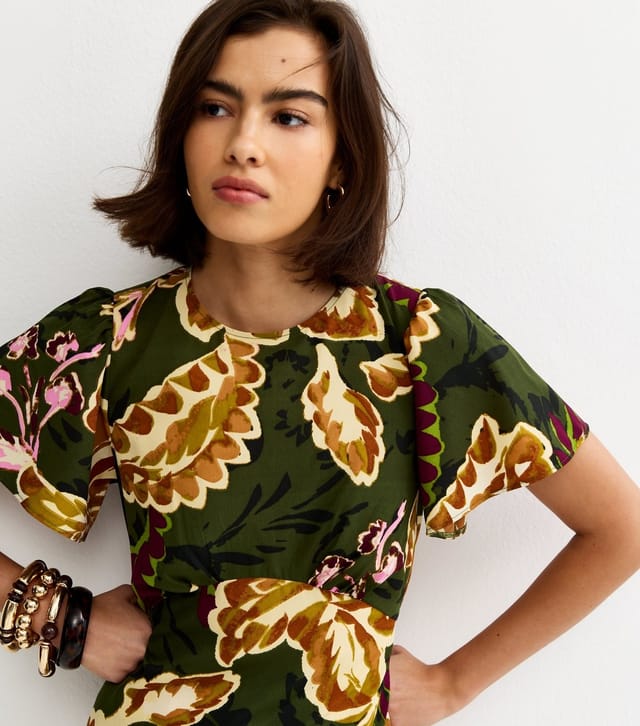 New Look Women's Green Crepe Floral Short Sleeve Tiered Midi Dress New Look - 3